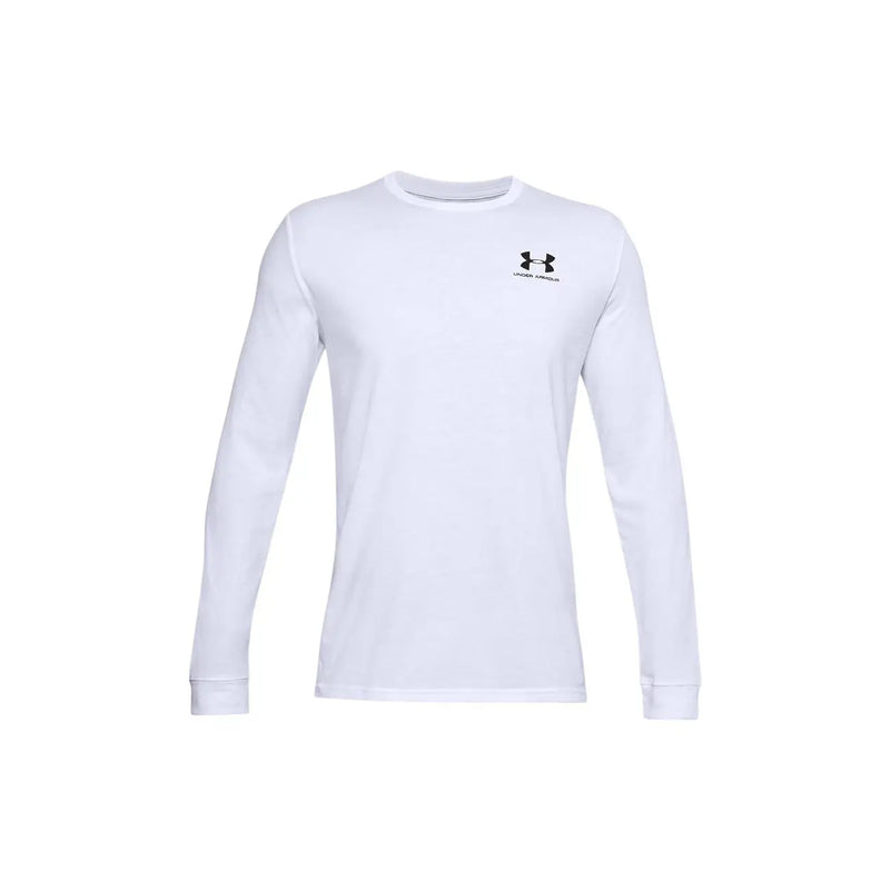 Under Armour men white cotton classic long sleeve performance tee with black logo on the chest