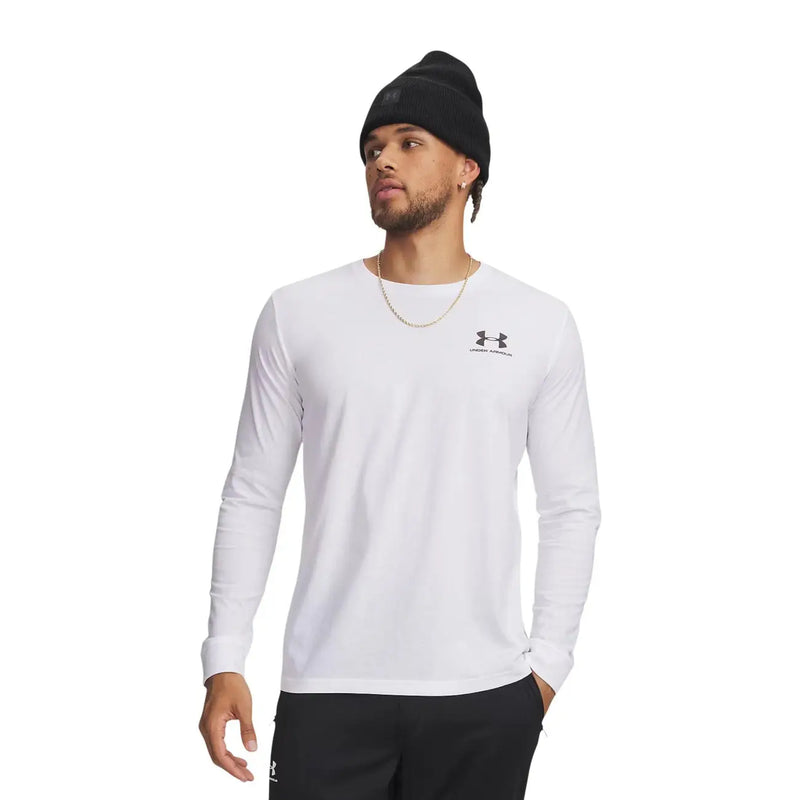 Under Armour men white cotton classic long sleeve performance shirt with subtle black logo on the chest