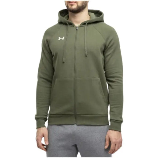 Olive green Under Armour zip-up hoodie sweatshirt for men in stylish activewear