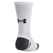 Under armour men’s fall/winter athletic sock in white with black logo and reinforced heel for enhanced durability