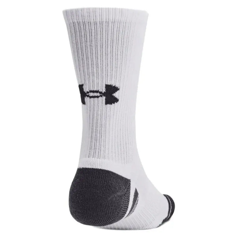 Under armour men’s fall/winter athletic sock in white with black logo and reinforced heel for enhanced durability