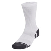 Under Armour men’s fall winter white athletic sock with black reinforced toe heel ribbed cuff and subtle branding