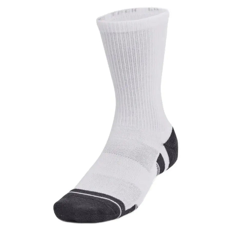 Under Armour men’s fall winter white athletic sock with black reinforced toe heel ribbed cuff and subtle branding
