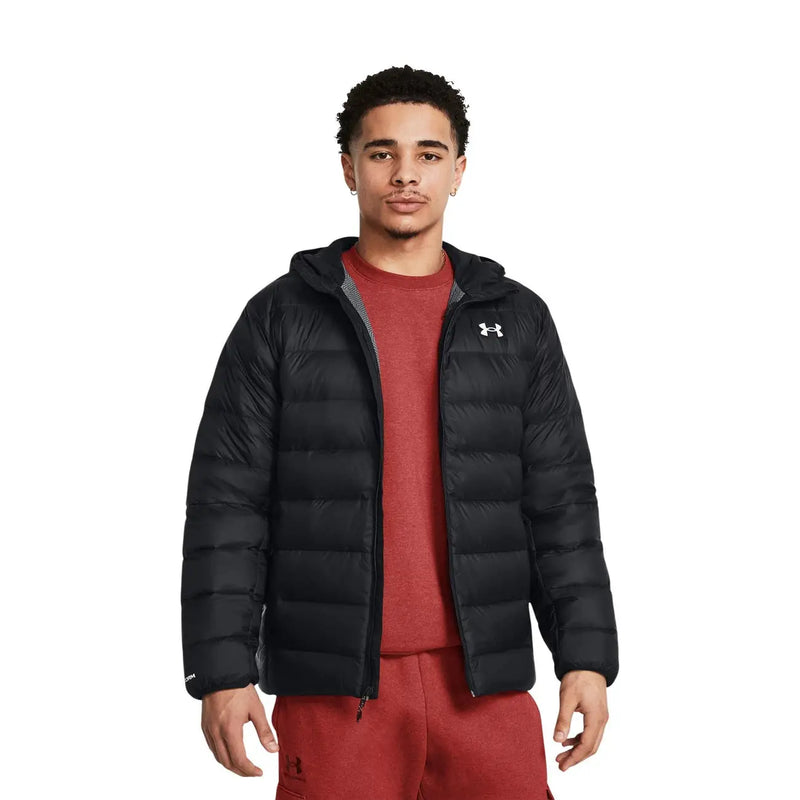 Under Armour puffer jacket for men in black with quilted design hood and logo on chest, front view