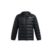 Under Armour puffer jacket for men in black with hood and horizontal stitching, front view