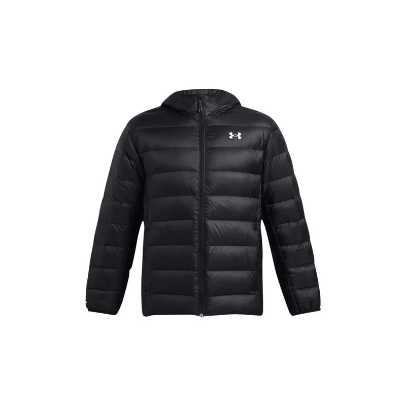Under Armour puffer jacket for men in black with hood and horizontal stitching, front view
