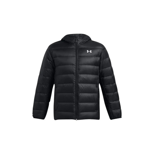 Under Armour puffer jacket for men in black with hood and horizontal stitching, front view