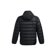 Under Armour puffer jacket for men in black with hood and horizontal stitching, front view