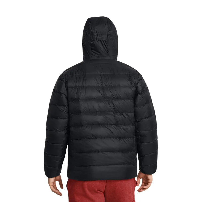 Under Armour puffer jacket for men in black with quilted horizontal stitching and hood, front view