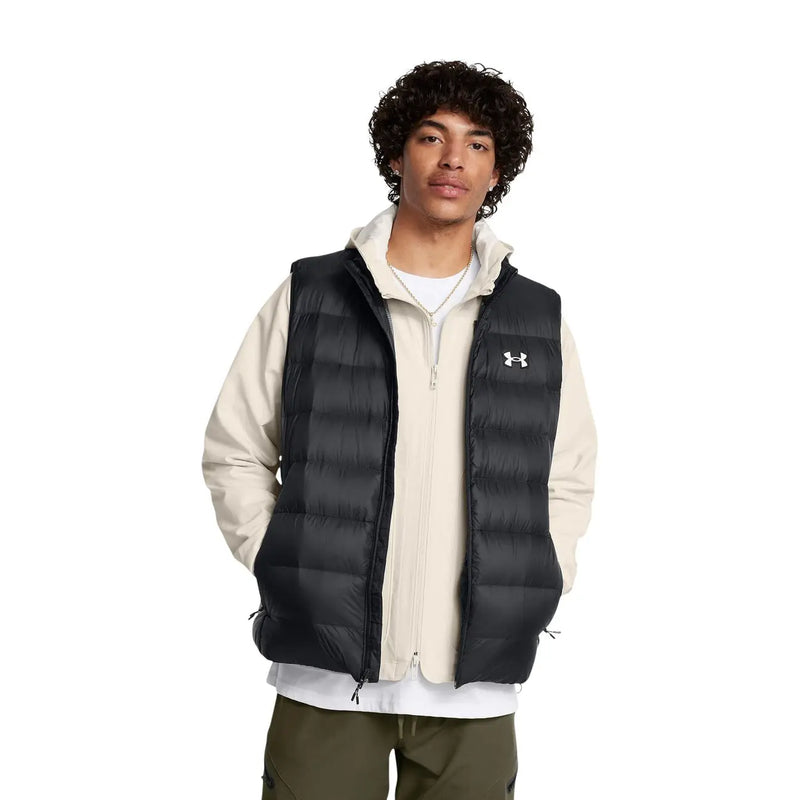 Under Armour puffer vest legend down for men in black with quilted design and white logo, front view