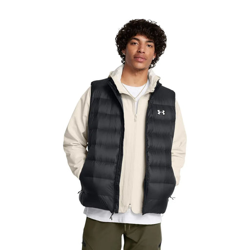 Under Armour puffer vest legend down for men in black with quilted design and white logo, front view