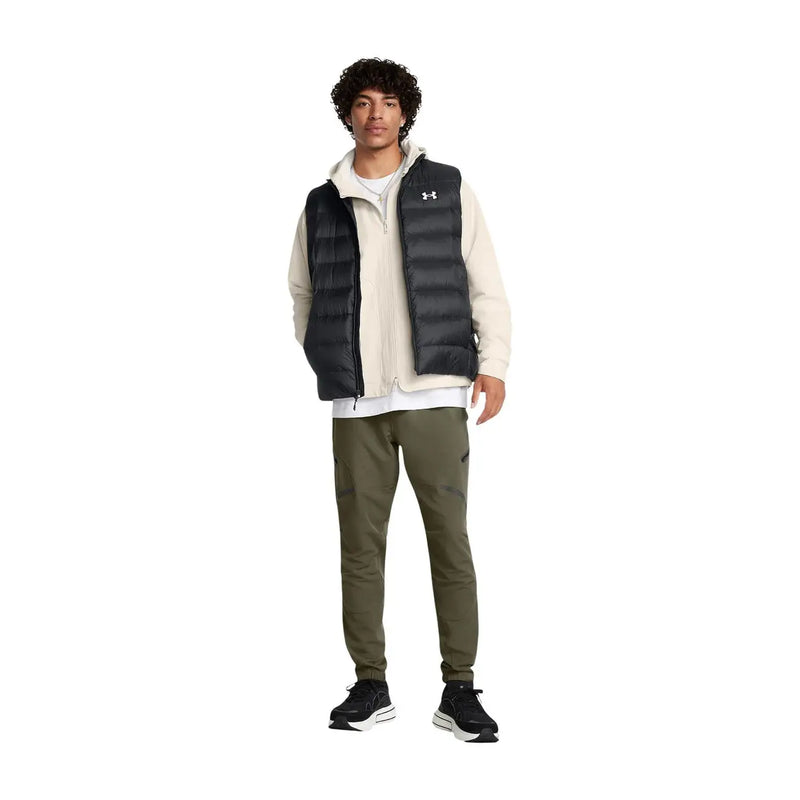Under Armour puffer vest legend down for men in black with quilted design and logo on chest, front view
