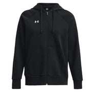 Under armour women’s black zip-up hoodie with white logo, drawstrings, and front pockets for casual wear