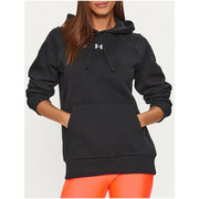 Under Armour women’s black hooded sweatshirt with white logo, drawstrings, and front pockets for comfort and style