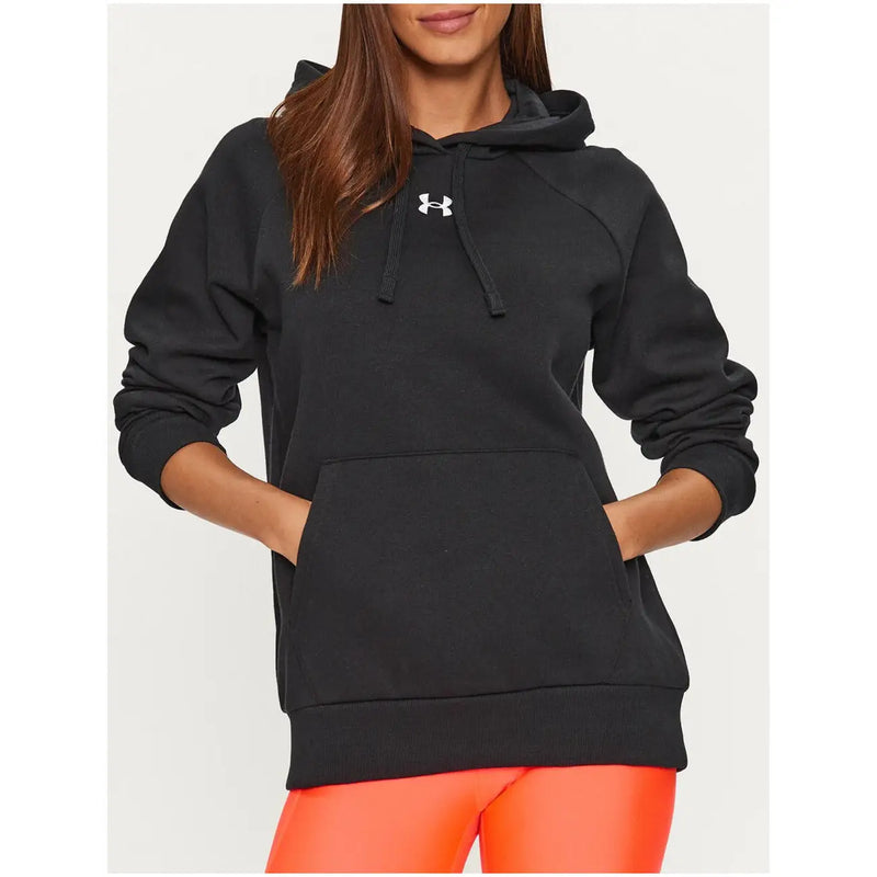 Under Armour women’s black hooded sweatshirt with white logo, drawstrings, and front pockets for comfort and style