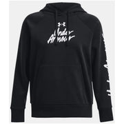 Under Armour women’s black hooded sweatshirt in premium cotton with white script logo and matching drawstrings