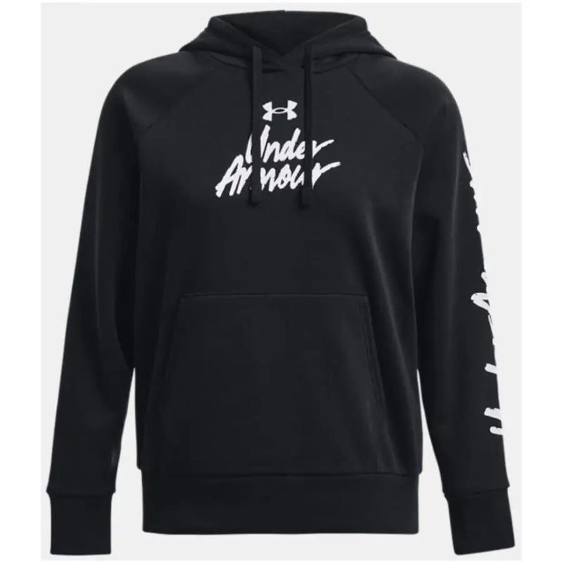 Under Armour women’s black hooded sweatshirt in premium cotton with white script logo and matching drawstrings