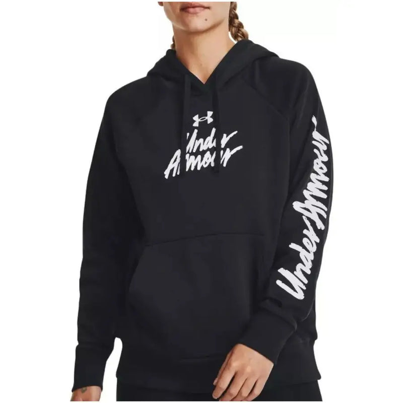 Under Armour women’s black hooded sweatshirt premium cotton with white cursive branding on chest and left sleeve