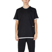 Men’s black cotton short-sleeve T-shirt with white trim on collar, sleeves, and hem