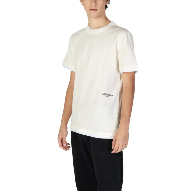 Men’s off-white cotton short-sleeve T-shirt with small black graphic on chest