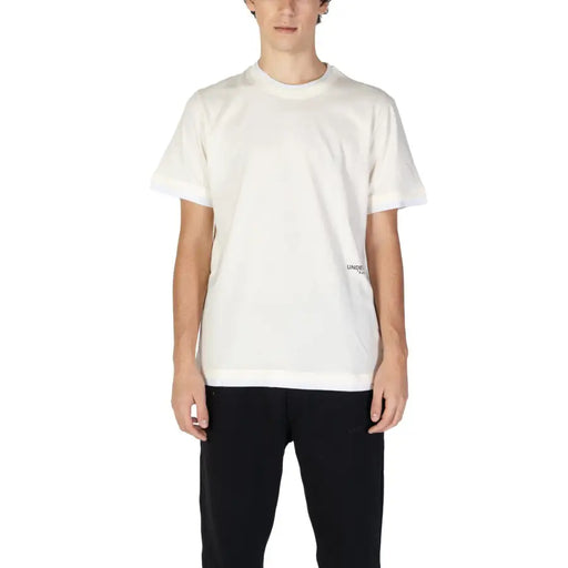 Underclub men white cotton short sleeve round neck t shirt with subtle black text on lower left side