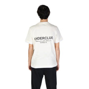 White cotton short-sleeve round neck T-shirt with black text on the back for Men
