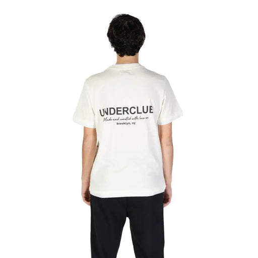 White cotton short-sleeve round neck T-shirt with black text on the back for Men