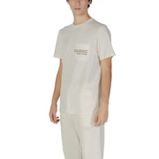 Underclub men white cotton short sleeve round neck t shirt with cream-colored subtle embroidered chest pocket