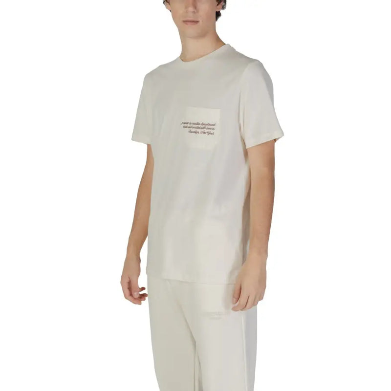 Underclub men white cotton short sleeve round neck t shirt with cream-colored subtle embroidered chest pocket