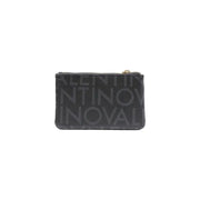 Black Valentino zippered card case with silver logo print and gold zipper
