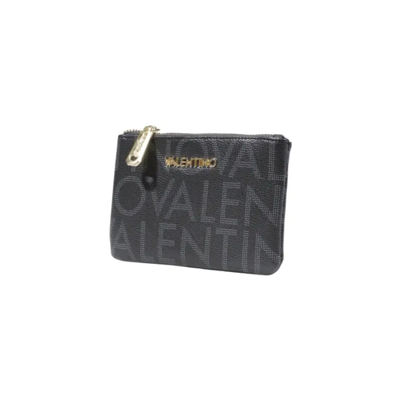 Black Valentino zippered coin case with textured logo print and gold hardware