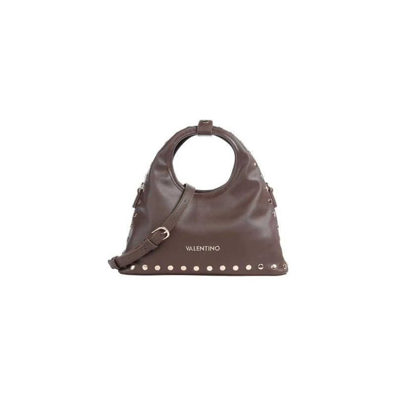 Brown leather Valentino handbag with silver-tone studs and circular top handle, synthetic black model 16 x 30 cm