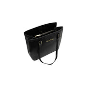 Black leather Valentino tote bag with gold-tone hardware and minimalist design, synthetic shoulder bag 34 x 29 x 15 cm