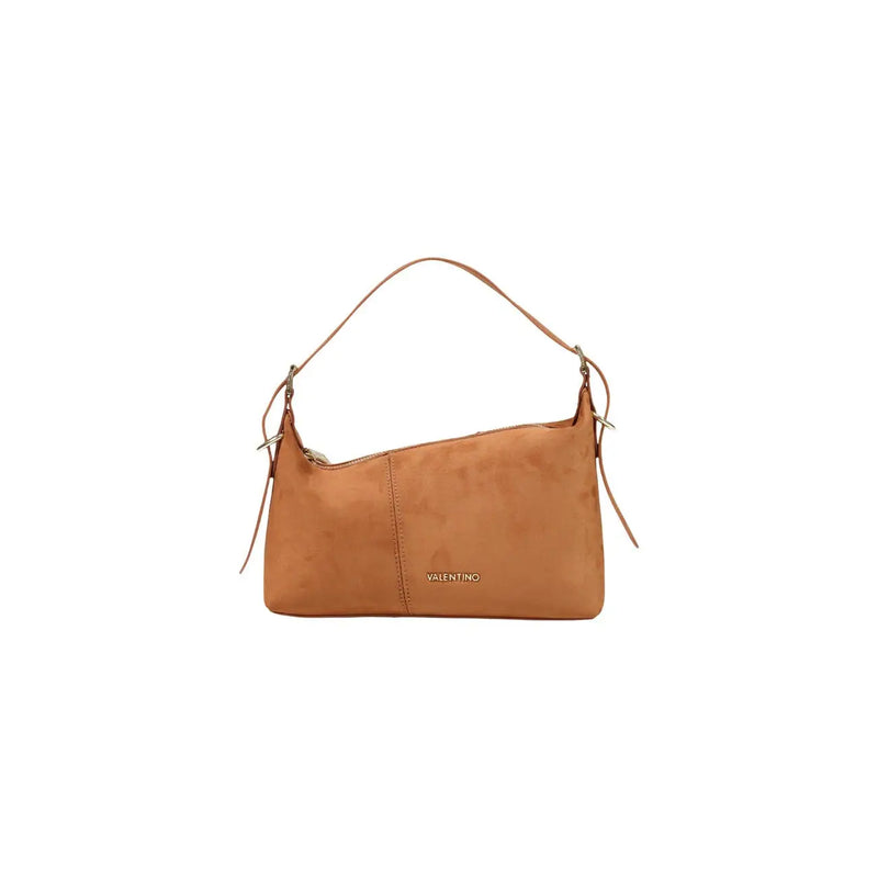 Tan suede valentino women shoulder bag with slender handle and decorative ties in 26cm size
