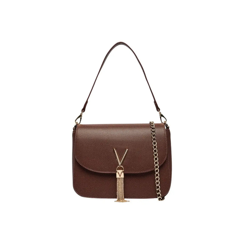 Valentino bags women brown polyurethane shoulder bag with textured leather, gold-tone chain strap, and v-shaped clasp