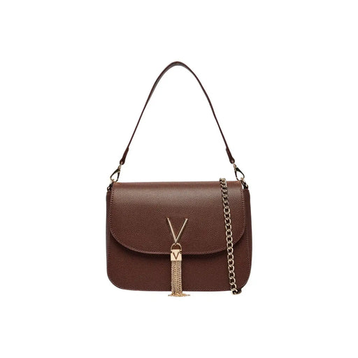 Valentino Damen-Schultertasche aus braunem Polyurethan mit strukturiertem Leder, goldfarbenem Kettenriemen und V-förmigem Verschluss
