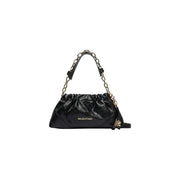 Black Valentino handbag with shiny leather texture gold-tone chain strap and logo plaque in grey synthetic material W31 x H14 cm