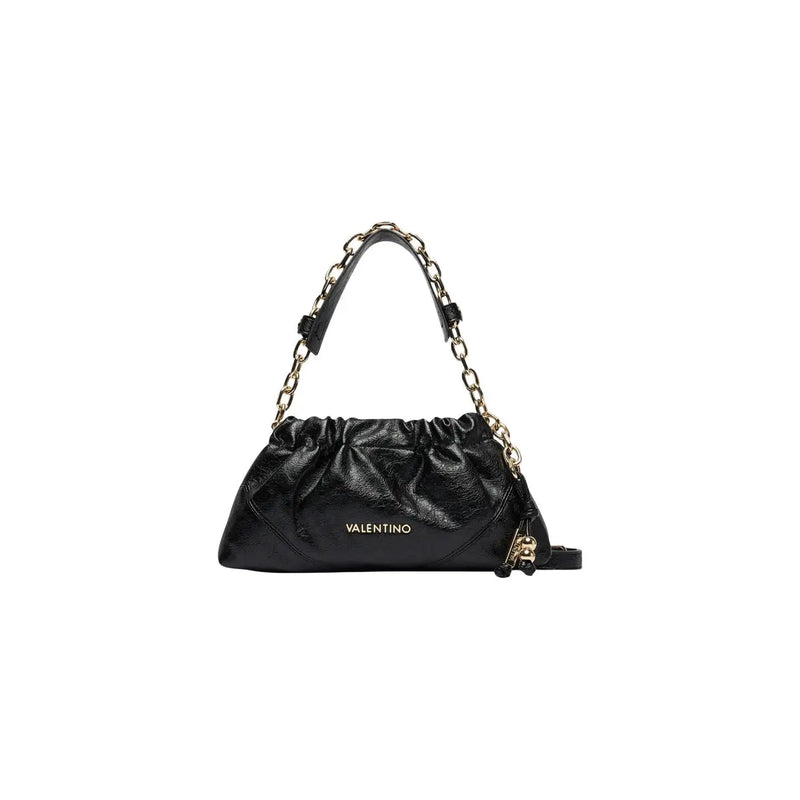 Black Valentino handbag with shiny leather texture gold-tone chain strap and logo plaque in grey synthetic material W31 x H14 cm