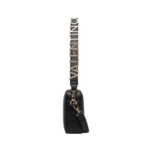 Schwarze Valentino-Handtasche aus Leder mit silberfarbenem Valentino-Schriftzug am Riemen aus Polyurethan, 23 cm breit, für Damen