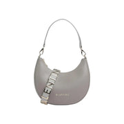 Gray leather Valentino handbag with silver-tone logo strap and embossed brand name, suitable for women