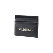 Black leather valentino card holder with gold-tone logo and textured surface from valentino bags women wallet w10.5