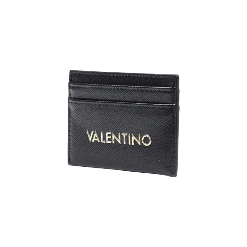 Black leather valentino card holder with gold-tone logo and textured surface from valentino bags women wallet w10.5