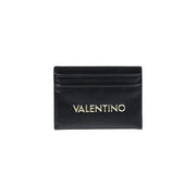 Black leather Valentino card holder with silver logo featuring side pockets in size W10.5 for women wallets