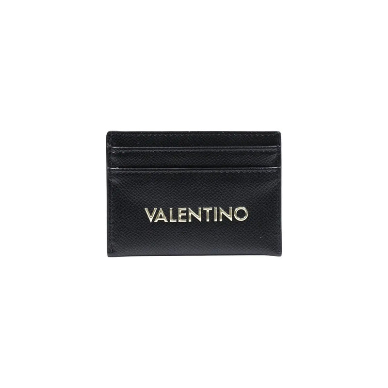 Black leather Valentino card holder with silver logo featuring side pockets in size W10.5 for women wallets