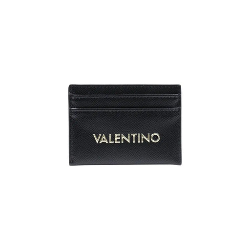 Black leather Valentino card holder with silver logo featuring side pockets in size W10.5 for women wallets