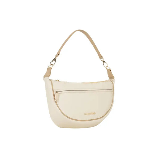 Valentino beige handbag with shoulder strap and pockets featuring a cream-colored sleek curved design and tan leather strap