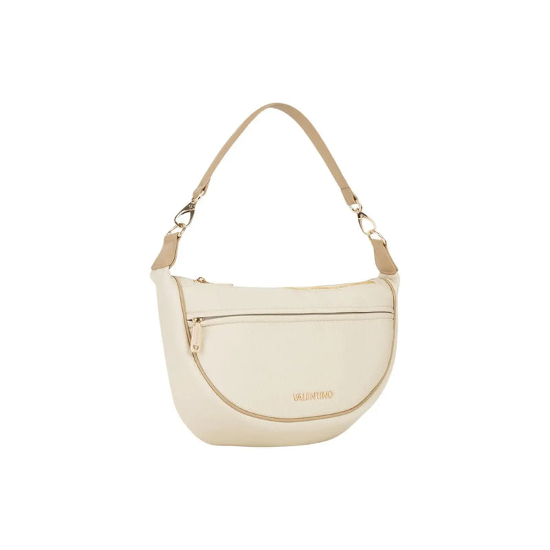 Valentino beige handbag with shoulder strap and pockets featuring a cream-colored sleek curved design and tan leather strap