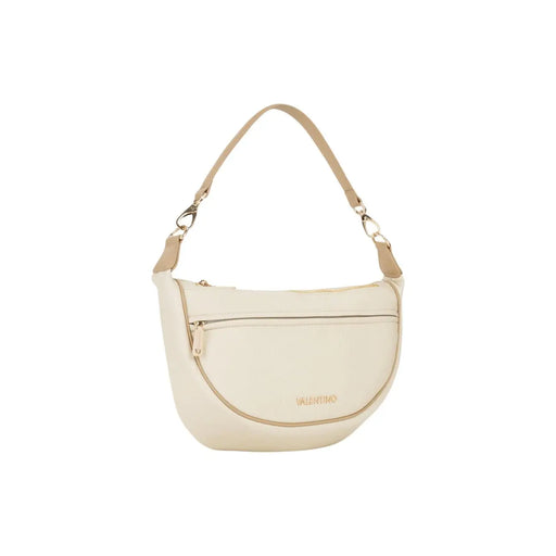 Valentino beige handbag with shoulder strap and pockets featuring a cream-colored sleek curved design and tan leather strap