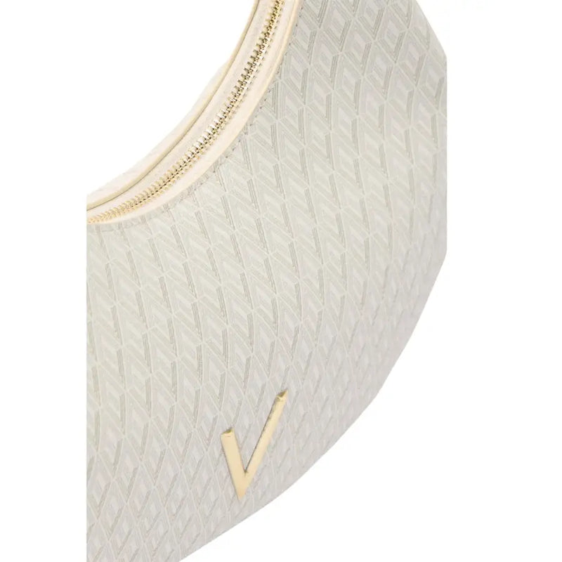 Valentino beige cream-colored handbag with subtle geometric pattern gold-tone zipper shoulder strap and zip pocket