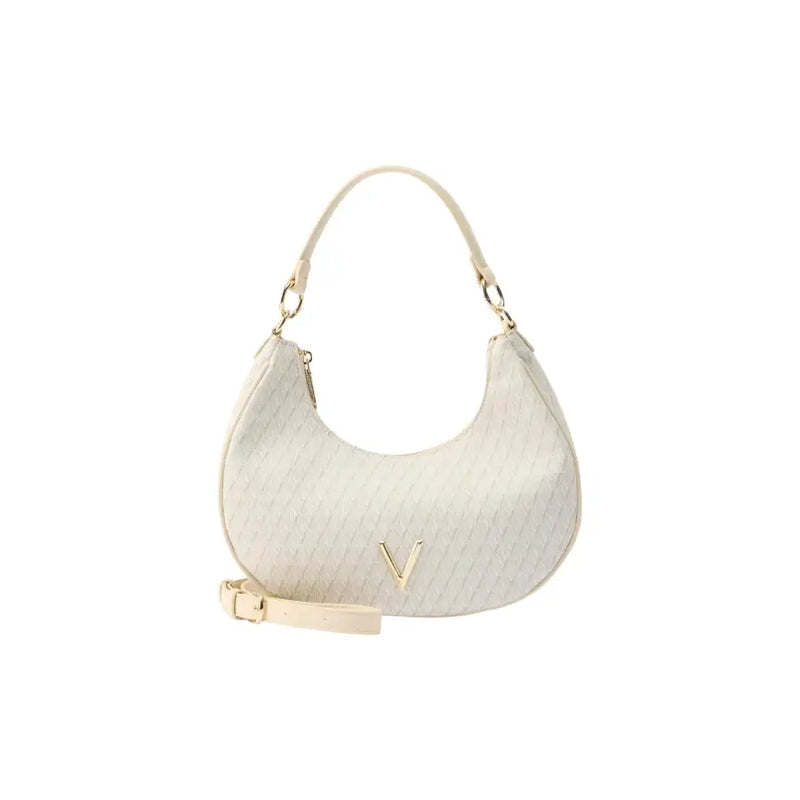 Valentino beige cream-colored woven handbag with gold-tone v logo and matching adjustable shoulder strap